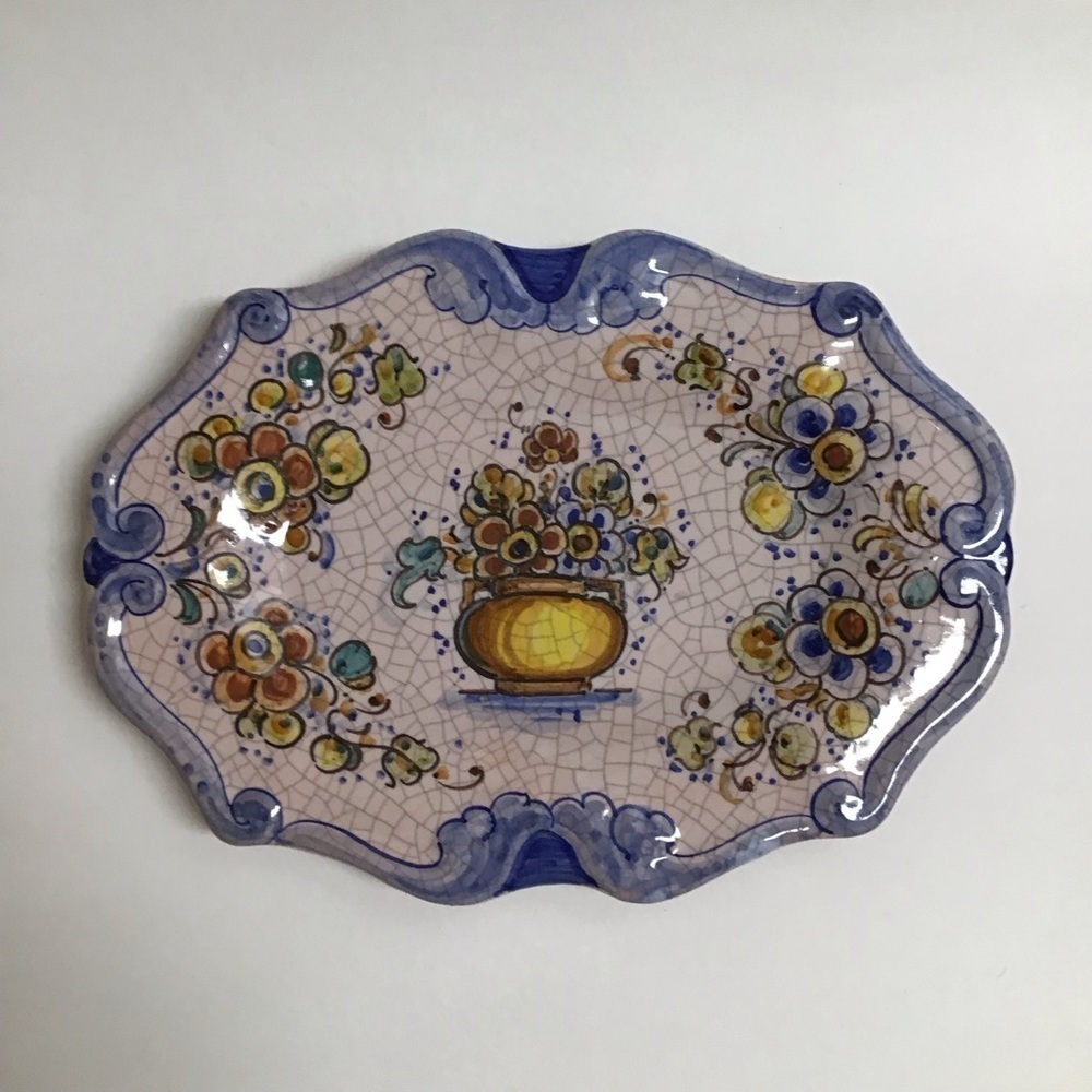 Lufeco Spain Crackle Plate 10.25” Pintado A Mano Hand Painted Floral Art Pottery